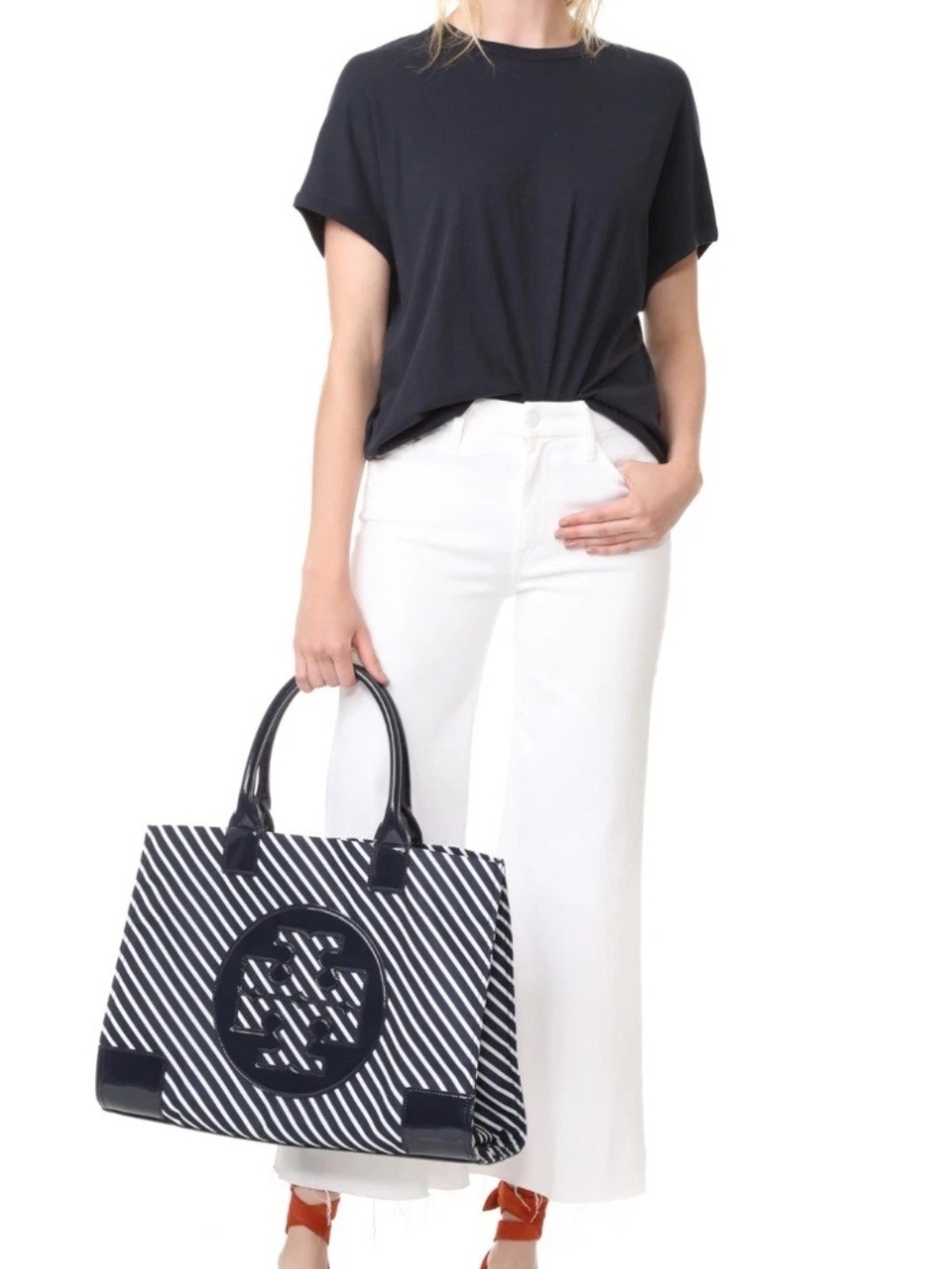 Tory Burch Ella Navy Blue & White Striped Canvas Tote Bag
